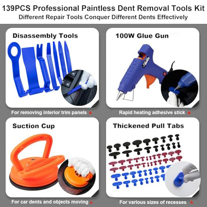 Paintless Dent Repair Kit Professional Auto Body Puller Tool-139 Pcs | Features 2-in-1 slide hammer, bridge puller, 100W glue gun, and 62 tabs for hail damage and door dings - size: Dent Puller Kit-139 Pcs