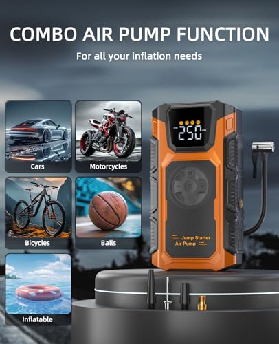 Jump Starter with Air Compressor, 6000A Car Battery Charger Power Jump Box Start 12V Vehicles(Up to 9.0L Gas&7.5L Diesel Engines) Portable Car Booster Jumper Pack Combo150 PSI Tire Inflator