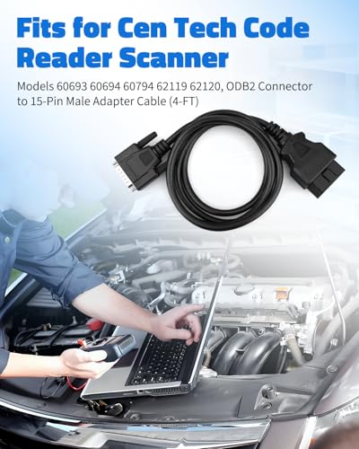 OBD2 OBDII Cable Fits for Cen-Tech Code Reader Scanner Models 60693 60694 60794 62119 62120, 15 Pin Car Male Connector to 16 Pin OBD2 Connector Cord, 4FT Cord