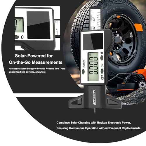 GODESON Digital Tire Tread Depth Gauge, Solar & Battery Power,1" / 25.4mm Range, Inch/MM Display, Black Universal Tire Wear Depth Gauge for All Vehicles (Car, Truck, SUV) - style: IN/MM - Black