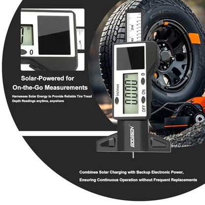 GODESON Digital Tire Tread Depth Gauge, Solar & Battery Power,1" / 25.4mm Range, Inch/MM Display, Black Universal Tire Wear Depth Gauge for All Vehicles (Car, Truck, SUV) - style: IN/MM - Black