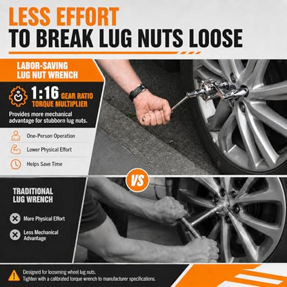 Labor Saving Torque Multiplier Wrench Set, 1:16 Ratio Lug Nut Remover with 1/2" Drive, Heavy Duty Lug Wrench for Loosening Stubborn Wheel Nuts, Includes 17/19/21mm & SAE Sockets for Cars, SUV, RV