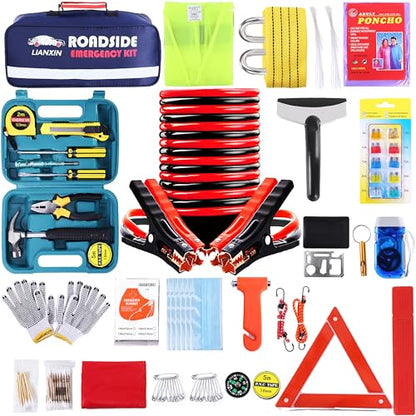 142 PCS Emergency Roadside Kit for Car ,Safety Car Kit with Jumper Cables | Roadside Assistance Emergency Kit Warning Triangle, Safety Hammer, Tow Rope, Car Emergency Kit Gifts for New Drivers - color: Blue
