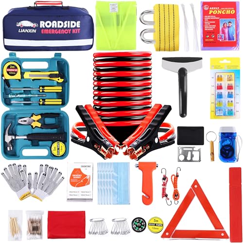 142 PCS Emergency Roadside Kit for Car ,Safety Car Kit with Jumper Cables | Roadside Assistance Emergency Kit Warning Triangle, Safety Hammer, Tow Rope, Car Emergency Kit Gifts for New Drivers - color: Blue