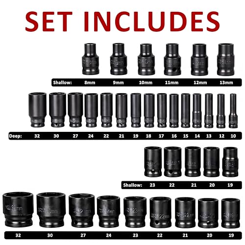 35PCS Impact Sockets Set 1/2" Deep 6 Point Socket Tool Drive Jumbo Impact Socket Kit for Metric Garage Workshop 8-32 MM (1/2" Impact Socket Set) - size: 1/2" Impact Socket Set