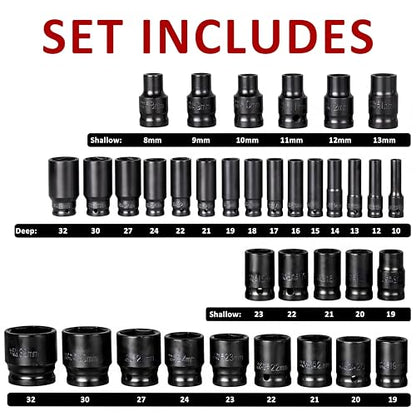35PCS Impact Sockets Set 1/2" Deep 6 Point Socket Tool Drive Jumbo Impact Socket Kit for Metric Garage Workshop 8-32 MM (1/2" Impact Socket Set) - size: 1/2" Impact Socket Set