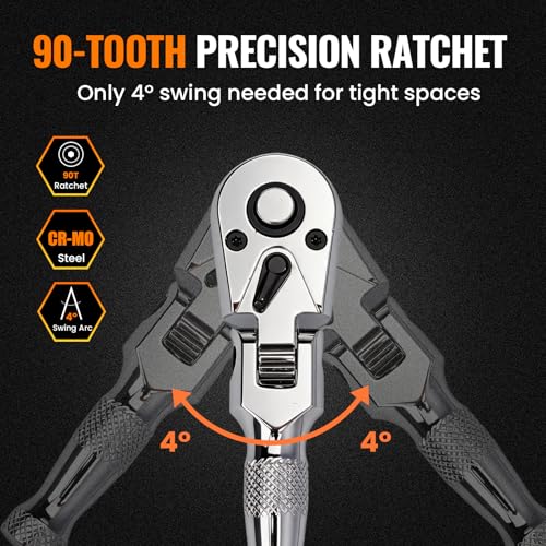 Stubby Flex Head 3/8" Drive Ratchet Wrench, 90T Mini Ratchet, Quick-Release Reversible with Cr-Mo Head and 3" Extension Bar for Tight Spaces - size: 3/8" Stubby