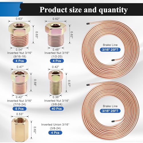 60Pcs 2 Sets 3/16 Inch 25 FT Brake Line Tubing Kit with 58 Pcs Brake Line Fittings, Copper Coated Alloy Steel Brake Lines Kit Replacement for Hydraulic Fuel Transmission Line - size: 3/16 + 3/16 Inch Gold, style: Brake Line