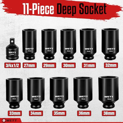 WETT 1/2" Drive Deep Large Impact Socket Set, 11-Piece Spindle Axle Nut Wheel Wrench Sockets Set, Jumbo Metric 6 Point Sockets with 3/4 to 1/2 Adapter, CR-V, (27mm-38mm) - size: 1-1/16"-1-1/2" (11pc) with Adapter