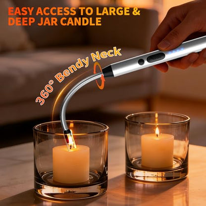 2 Pack Rechargeable Type C Electric Lighters, Flameless and Windproof Candle Lighters with Plasma Arc, 360° Long Reach Flexible Neck & LED Power Display for Candles, BBQ Grill &Camping(Silver) | Flameless, Windproof, Plasma Arc, 360° Long Reach Flexible N