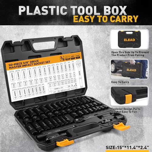 3/8" Drive Impact Socket Set - 50-Piece SAE (5/16" to 3/4") & Metric (8-22mm) Socket Wrench Set, 6-Point CR-V Steel Deep & Shallow Sockets with Ratchet Handle, Universal Joint, Extension Bar, Adapter - style: 3/8'' Drive Impact Socket Set