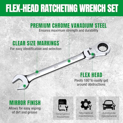 SK Flex Head Ratcheting Wrench Set, SAE 3/8"-3/4", Metric 10-19mm, 14-Piece | Ratchet Wrenches Set 72-Tooth, Combination Wrench Set, Chamfered Head Design, Premium CR-V Steel, Roll-Up Pouch - size: METRIC&SAE