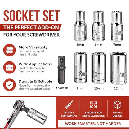 IRONCUBE 6 Pcs Scoket Set, 1/4" Drive, 5-6-7-8-10-12mm with 1 Pcs Adpter for Interchangeable Ratchet Screwdriver Set - style: 6-Piece Sockets