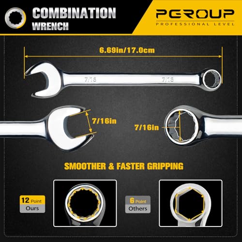 7/16" SAE Combination Wrench, CR-V Steel with Mirror Polish, 12-Point Design, 15-Degree Offset, Perfect for Auto Repair, Household, Car & Truck Emergency - size: 7/16"