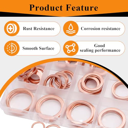 360PCS Crush Washer Oil Drain Plug,18 Sizes Copper Oil Drain Plug Gasket Assortment,Automotive Engine Crush Washers (M6 M8 M10 M12 M14 M16 M18 M20 M22 M24) - size: 360PCS (M6-M24)