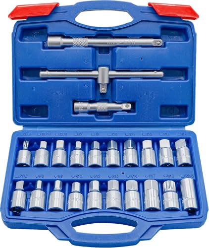 DAKCOS 23 Pcs Oil Drain Plug Key Set, 3/8” Drive Oil Service Socket Set with Extension Bar and Storage Box, CR-V - size: 3/8" | 23 PC