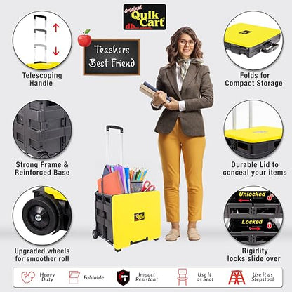 dbest products Quik Cart Collapsible Rolling Crate on Wheels for Teachers Tote Basket 80 lbs Capacity, Made from Heavy Duty Plastic and Used as a Seat, Canary, Yellow - color: Yellow, style: Standard