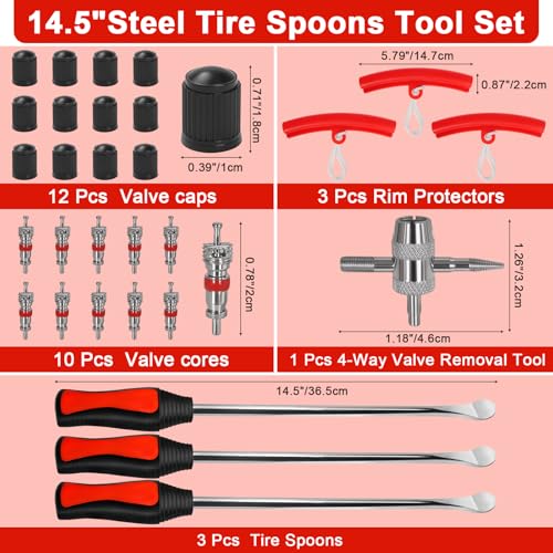 14.5" Tire Spoons Tool Set for Motorcycles Dirt Bike Lawn Mowers Iron Installation,3 Pcs Tire Bar Removal Mounting 10 Pcs Valve Cores,Rim Protector,Valve Changer Kit