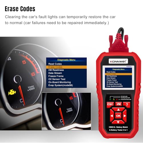 KONNWEI KW880 OBD2 Scanner Full System Car Diagnostic Tool, Code Reader with Check Engine Light Reset, Live Data, DTC Lookup, ABS SRS Tests, Battery Check, OBDII EOBD Scanner for 2002+ Vehicles