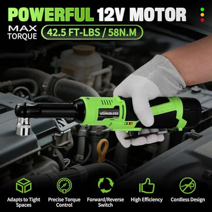 3/8" Extended Electric Ratchet Wrench Set, 12V Cordless Ratchet with Variable Speed, 6 Sockets, LED Light, 1/4" Adapter, 1/2" Adapter, 2.0Ah Battery - style: Extended neck & 1 battery