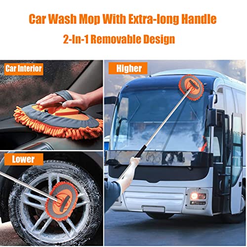 62" Car Wash Brush Mop Kit with Long Handle, 2 in 1 Chenille Microfiber Sponge Mitt Cleaning Detailing Duster for Washing Cars Truck SUV RV Caravans and Household(2 x Mop Head) (Orange) - color: Orange