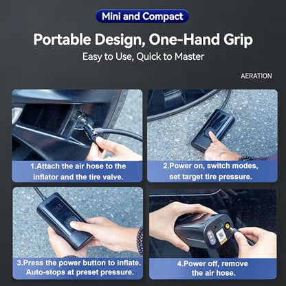 Cordless Tire Inflator Portable Air Pump - Car & Motorcycle Accessories, Dual-Pump, 1s Fast Inflation, 150PSI, Auto-Stop, Pressure Monitor, 5 Modes, LED Light