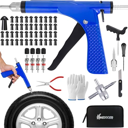 Tubeless Tire Gun Puncture Repair Kit with 50 Mushroom Plugs, for Tire Punctures and Flats on Cars, ATV, Trucks, Motorcycles & Tractors,Quick Repair, Airtight Seal（Blue）