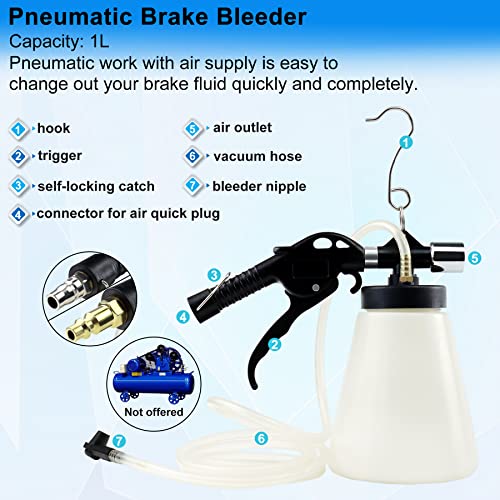 JoyFans 1L Capacity Pneumatic Brake Fluid Bleeder Extractor Tool Vacuum Brake Bleeder Kit with 90-120 PSI Master Cylinder Adapters Fluid Refill Bottle for Fluid Change on Motorcycle Car