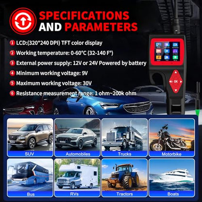 P200 Power Circuit Probe Tester, 9V-30V Automotive Electrical Circuit Tester with 2.4" LCD Screen, Multi-Function Car Diagnostic Tool for Voltage Resistance Relay Injector Test