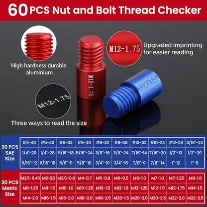 Thread Checker, 60pcs Nut and Bolt Thread Checker, 30 Inch & 30 Metric Box Set Thread Gauge, Thread Checker Standard and Metric Suitable for Size Checker of Bolts or Nuts in Narrow Areas - size: 60PCS Thread Checker