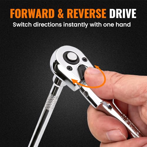 Flex Head 1/4" Drive Ratchet Wrench, 90T Compact Ratchet, Quick-Release Reversible with Cr-Mo Head and 6" Extension Bar for Tight Spaces & Precision Work - size: 1/4"