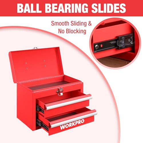 WORKPRO Portable Mini Tool Box, 2 Drawers Metal Tool Chest with Ball Bearing Slides, Top Storage with Latch, Ergonomic Carrying Handle, Mechanic Toolbox with PVC Liners and PP Feet Pads - color: Red
