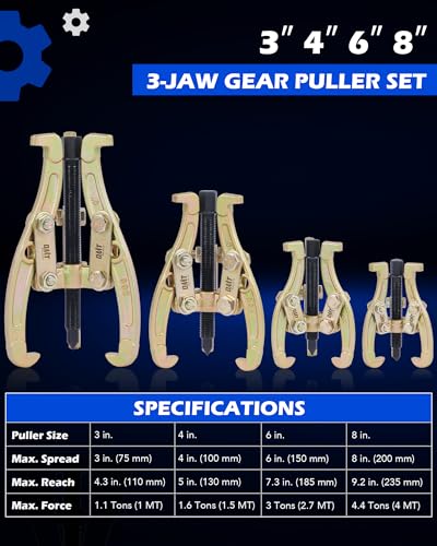 Orion Motor Tech Gear Puller Set, 3" 4" 6" 8" 3 Jaw Puller Kit for Pulley Gear Bearing Flywheel Removal, Heavy Duty Pulley Puller with Reversible Jaws 4 pcs Bearing Puller Tool Kit | 4pc Bearing Puller Pulley Puller Tool Kit for Pulley Gear Bearing Flywhe