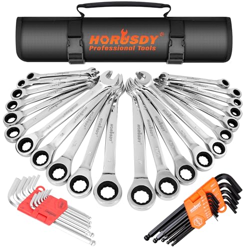 HORUSDY 48-Piece Ratcheting Wrench Set, Metric 6-18mm & SAE 1/4-3/4", Cr-V Steel 72 Teeth Ratchet Wrench with Roll Up Pouch and Hex Keys - style: 48pcs Metric&SAE Ratchet Wrench Set