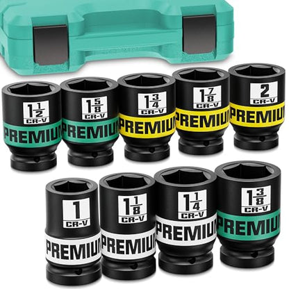 1" Drive Jumbo Impact Socket Set, SAE Axle Nut Sockets, 9-Piece (1-2 in.) Drive Deep Impact Socket Set, 6-Point, Cr-V Steel, Universal Hex Deep Socket Set with heavy Duty Storage Case - size: 1" 9pcs SAE