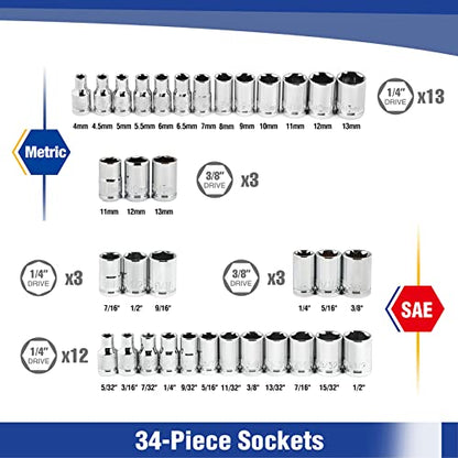 WORKPRO 39-Piece Drive Socket Set 1/4'' & 3/8'', CR-V Metric and SAE Sockets with Quick-Release Ratchet Wrench, Extension Bar, Spinner Handle & Adapter, Compact Mechanics Tool Set for Car Repair - color: Silver