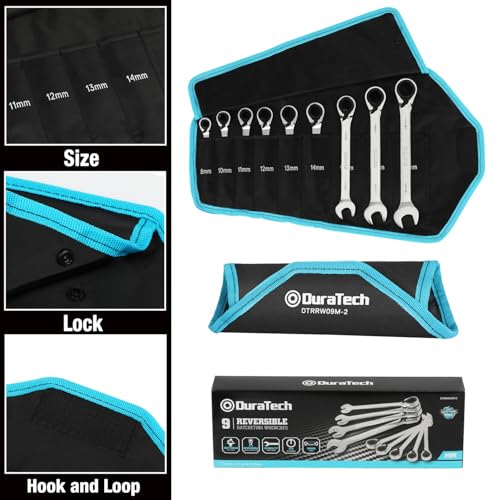 DURATECH Reversible Ratcheting Combination Wrench Set, Metric, 9-Piece, Open end Spanner with Rolling Pouch, 8 mm to 19 mm, 12 Point, CR-V Steel - size: Metric