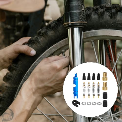 Valve Core Repair Kit for Presta, 4 Valve Cores 4 Valve Core Caps 4 Nuts 2 Plastic Caps 2 Converters and 2 Plastic & Alloy Valve Stem Dismantle Removal Tool for Bike Tire Application