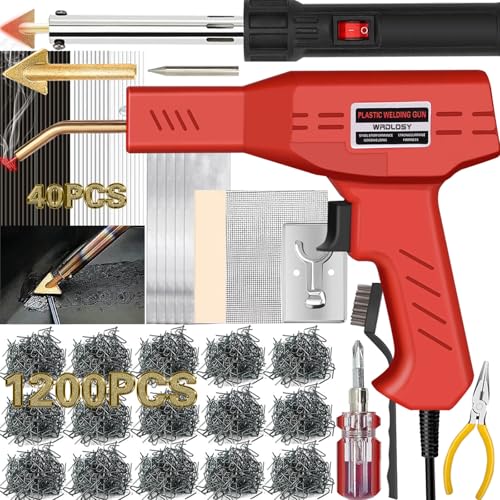 220W Plastic Welder, 1200PCS Staples 40PCS Rods Plastic Welding Kit, 5 in 1 Welding Tips Tape Sandpaper Wire Mesh Stand Metal Brush Screwdriver Plastic Welder Kit Bumper Repair Kit (Red) - color: Red