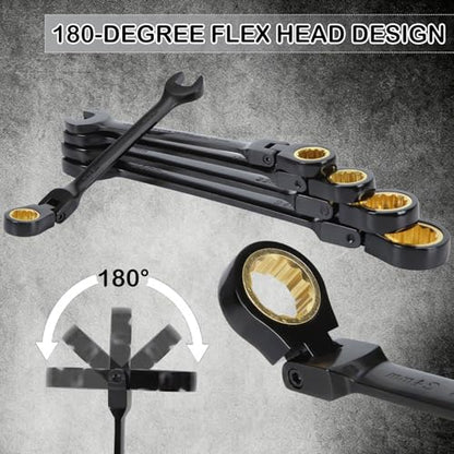 Flex-Head Ratcheting Combination Wrench Set, 16-Piece Metric Wrench Set 6-24mm | 72-Teeth | Cr-V Constructed | Fully Polished (Black) | with Organization Bag