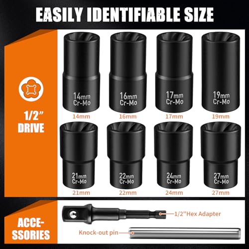 GIREORAN Wheel Lock Removal Kit, 10 Piece Lug Nut Remover, 1/2-Inch-Drive Impact Easy Out Bolt Extractor Socket Set for Removing Damaged, Frozen, Rusted, Rounded-Off Bolts, Nuts & Screws - size: 10 Piece