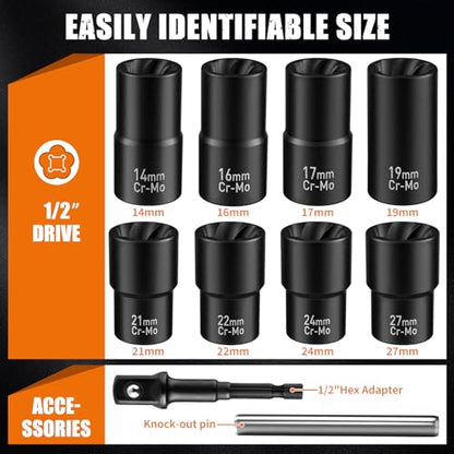 GIREORAN Wheel Lock Removal Kit, 10 Piece Lug Nut Remover, 1/2-Inch-Drive Impact Easy Out Bolt Extractor Socket Set for Removing Damaged, Frozen, Rusted, Rounded-Off Bolts, Nuts & Screws - size: 10 Piece
