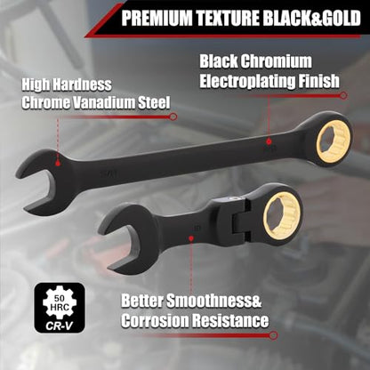 Mayouko 24PCS Stubby Flex Head&Regular Ratcheting Combination Wrench Set, Standard in SAE 1/4"-7/8" & Stubby in Metric 6-22mm, 12 Point, 72 Tooth, Cr-V Steel with Black Chrome Finish