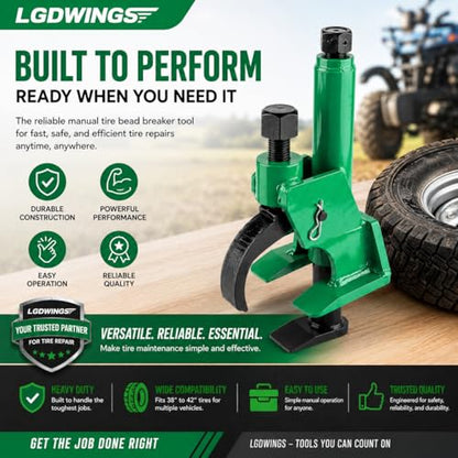 Tire Bead Breaker, Heavy Duty Manual Bead Buster Tool for Tire Removal, Adjustable Rim Clamp Tire Repair Kit for ATV, UTV, Tractor, Lawn Mower, Small & Large 38" to 42" Tires, with Gloves - color: GREEN
