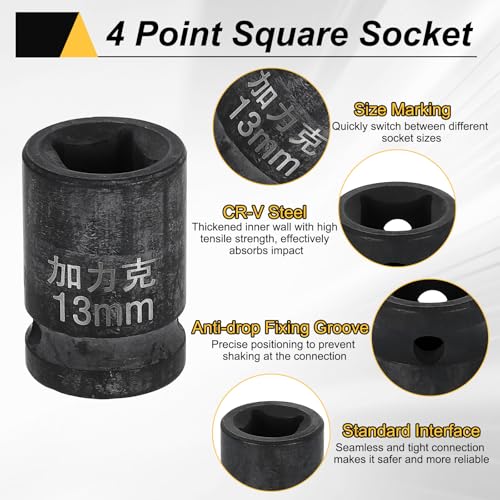 HARFINGTON 3pcs 4 Point Square Socket 1/2" Drive 13mm Metric Square Impact Socket CR-V Blackening Standard Wheel Sleeve Pneumatic Sleeve Tool for Auto Repair Mechanical Maintenance Home Use - size: 13mm