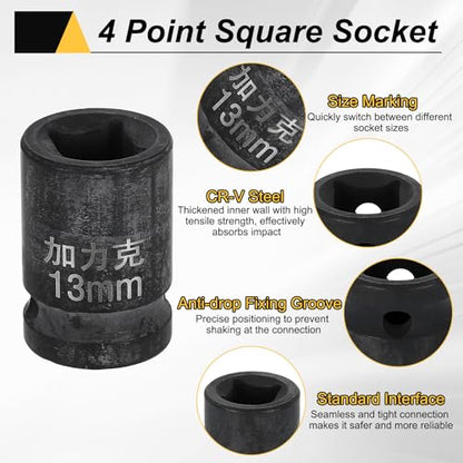 HARFINGTON 3pcs 4 Point Square Socket 1/2" Drive 13mm Metric Square Impact Socket CR-V Blackening Standard Wheel Sleeve Pneumatic Sleeve Tool for Auto Repair Mechanical Maintenance Home Use - size: 13mm
