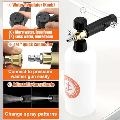 JOEJET Pressure Washer Gun with Foam Cannon Dual Connector Accessory | 1/4" Quick Connect, 5 Nozzle Tips, Dual Tip Attachment with Foam/Water Switch, Adjustable Foam, 2100 PSI, 8 GPM, 1 Liter