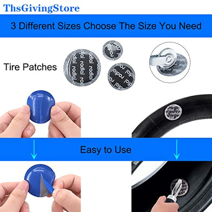 70PCS Tire Patches Kit Heavy Duty, Inner Tube Patch Kit, Include Tire Patch Roller,Rubber Repair Patches, Valve Core, 4-Way Valve Tool, Valve Core Wrench, Valve Core Removal Tool with Tire Valve Caps