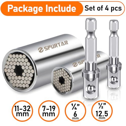 Spurtar 4Pcs Universal Socket Set (11-32mm 7-19mm) for Unscrew Any Bolt | Multi-Function Universal Socket Tool with 3/8" 1/2" Power Drill Adapters Birthday Gift for Dad, Husband, Man, Handyman