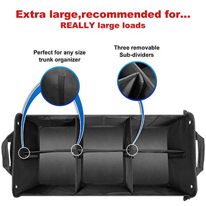 HAOKAY Car Trunk Organizer with Lid，Heavy Duty Extra Large Premium Black Oxford Multi Compartments Collapsible trunk organizer for SUV, Van, Truck, Sedan, Jeep （90L - size: 3 Compartments with Lid